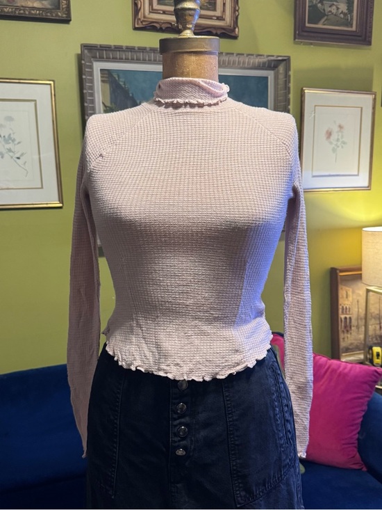 Free People Tops - Free People Pale Pink Ruffle Mock Neck Long Sleeve Top